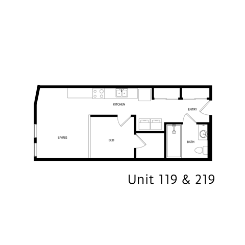 Floor plan for 1 bed, 1 bath, 580 sqft